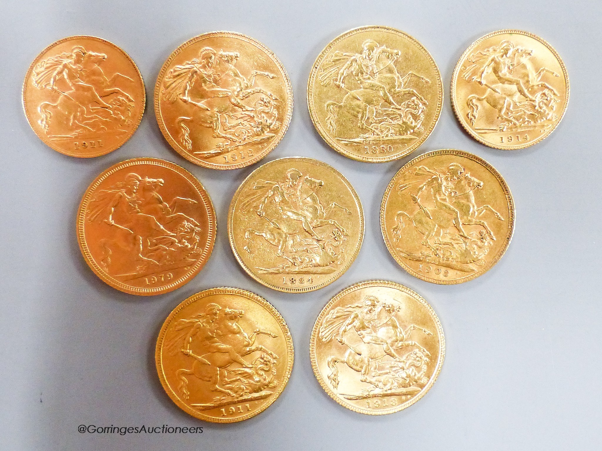 Seven gold sovereigns for the years, 1880, 1884, 1902, 1911, 1912, 1913 & 1979 and two half sovereigns, 1911 & 1914.